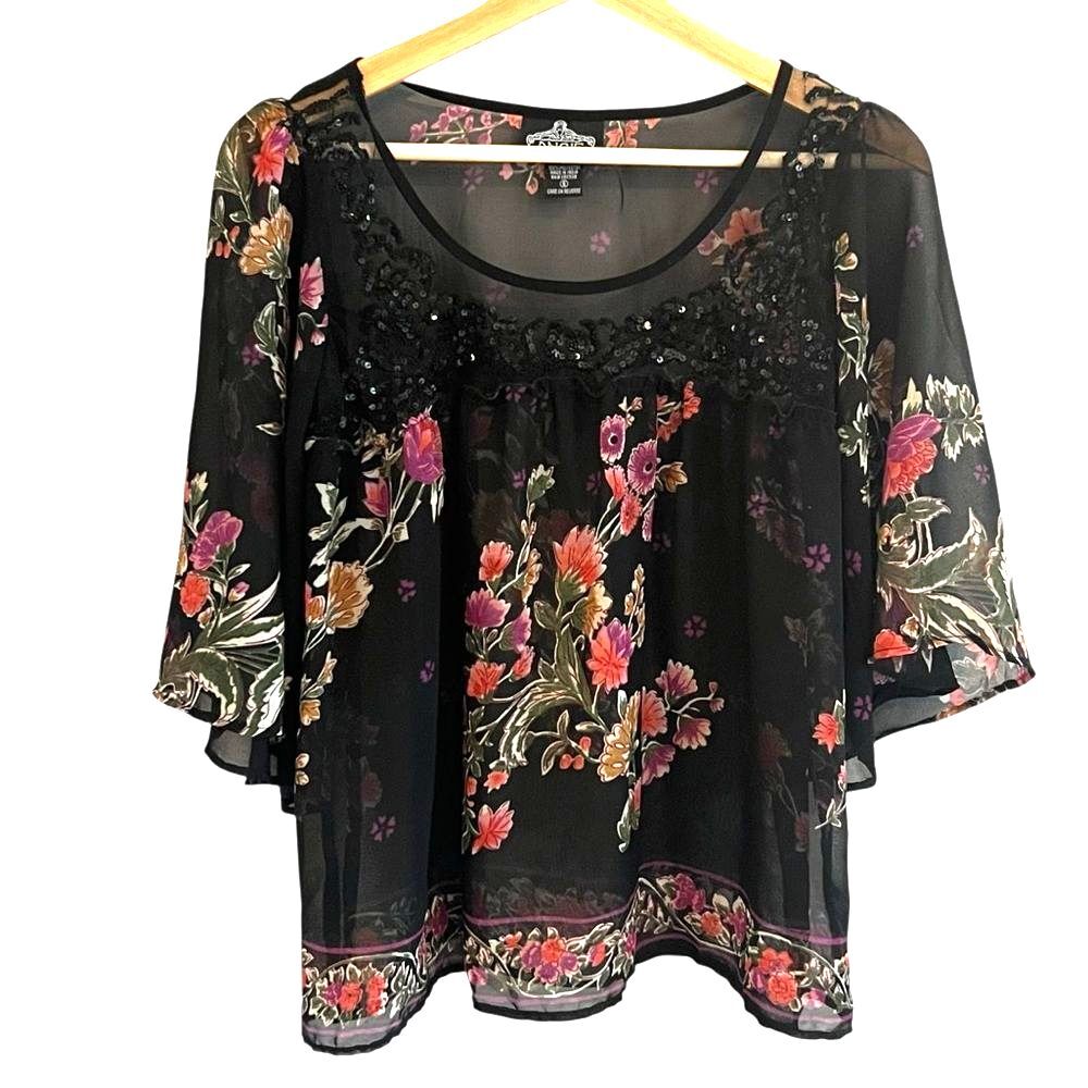 Angie Whimsigoth Boho Fairy Grunge Black Sheer Floral Top Size S Sequins